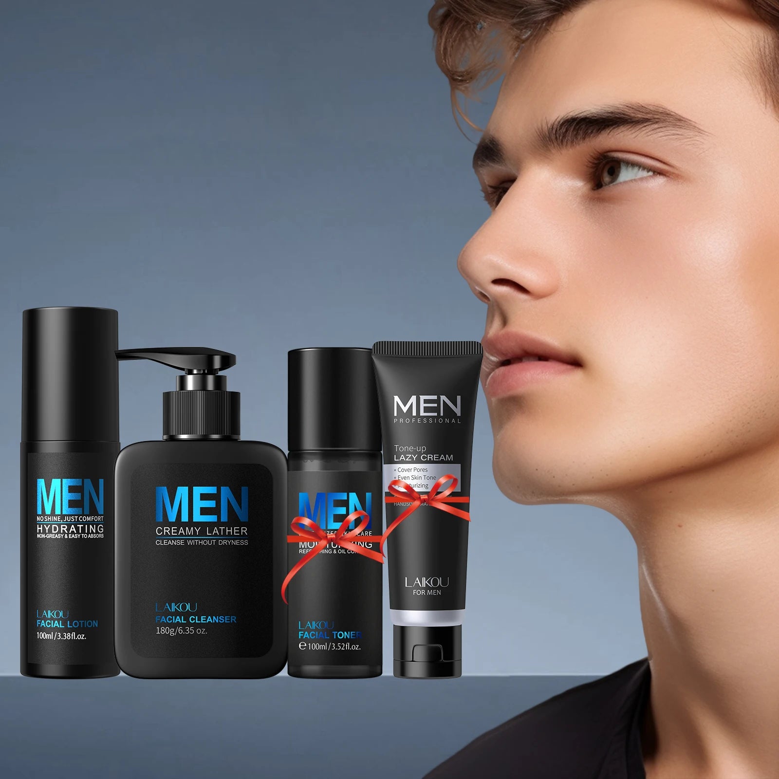 LAIKOU Men Skincare Set 4pcs TONE-UP Lazy Cream Facial Cleanser Toner Lotion Hydrating Oil Control 3-Minute Routine