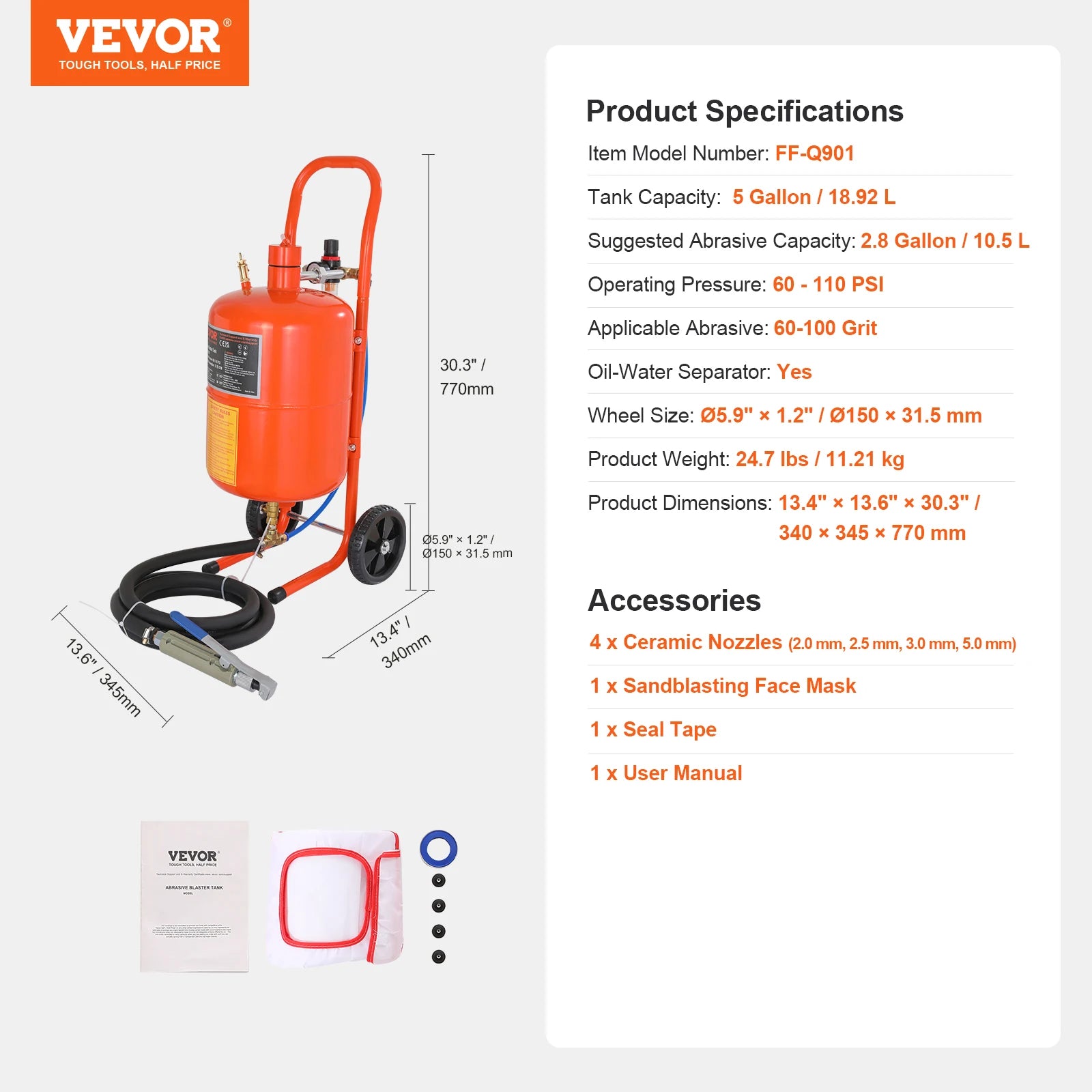 SucceBuy 5/10/20 Gallon Sand Blaster 60-110 PSI Portable Air Sandblaster Kit w/ Oil-Water Separator for Paint Stain Rust Removal