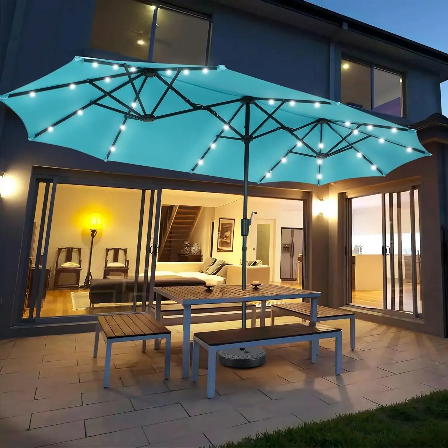 13ft Rectangular Patio Umbrella with 36 Solar LED Lights, Ultimate Sun Protection, Easy To Shake, for Deck, Garden, Khaki