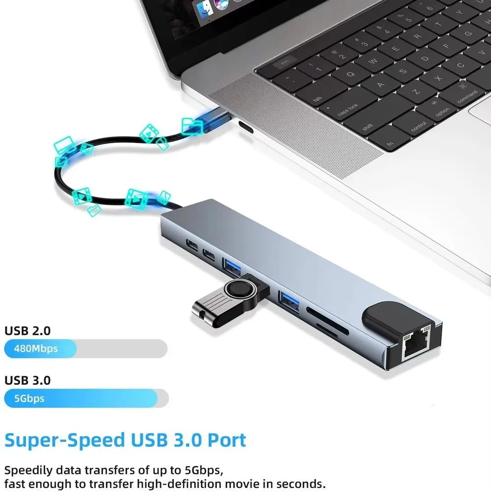 Hub USB-C 8 en 1 FEIWIMI | HDMI 4K 30Hz | RJ45 100Mbps | VGA | PD 100W | Docking Station - Firu Total Sales