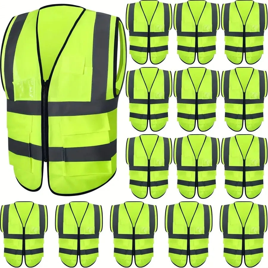 15 Pack Reflective Safety Vests Polyester Woven High Visibility Vest with Pockets and er Smooth Fabric 120g/m² Fluorescent Gree
