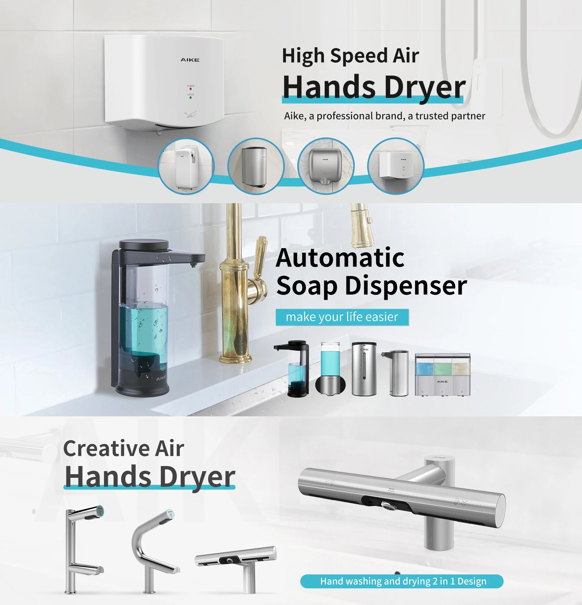AIKE Automatic Liquid Soap Dispenser AK1205 Wall Mounted Commercial Smart Soap Dispenser For Bathroom Large Capacity 750ML/800ML