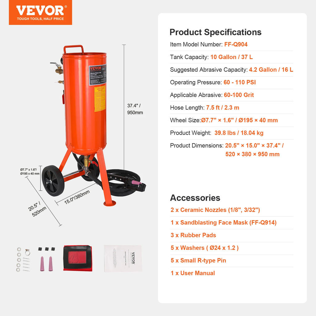 SucceBuy 5/10/20 Gallon Sand Blaster 60-110 PSI Portable Air Sandblaster Kit w/ Oil-Water Separator for Paint Stain Rust Removal