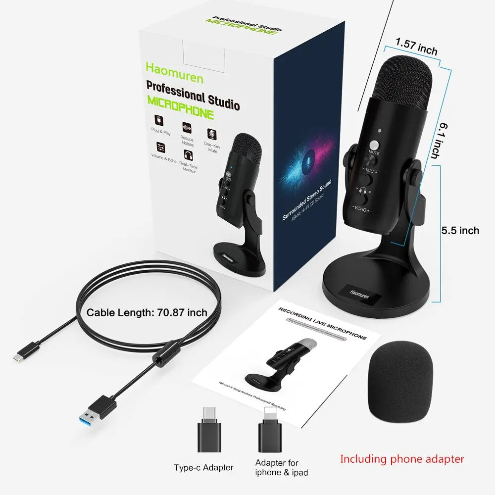 Micrófono USB Condensador HAOMUREN | PC/Mac Gaming Podcast | Adaptador Teléfono y Salida Auriculares - Firu Total Sales
