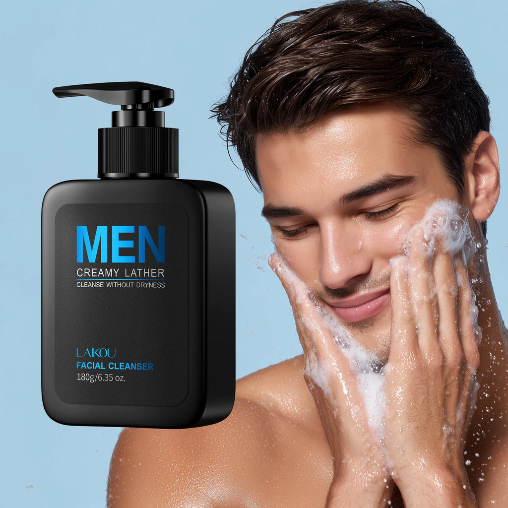 LAIKOU Men Skincare Set 4pcs TONE-UP Lazy Cream Facial Cleanser Toner Lotion Hydrating Oil Control 3-Minute Routine