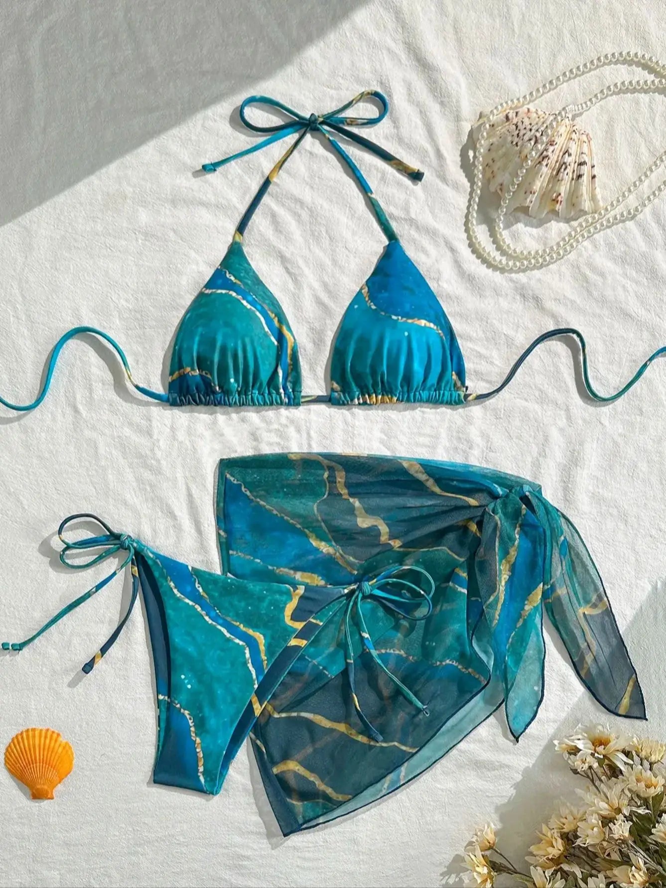 Women's Three-Piece Swimsuit Set, Blue Marble Print Sexy Bikini with Tie-Up Triangle Top, Tie-Up Triangle Bottoms, Mesh Skirt, Wrap Skirt, Beach Swimwear