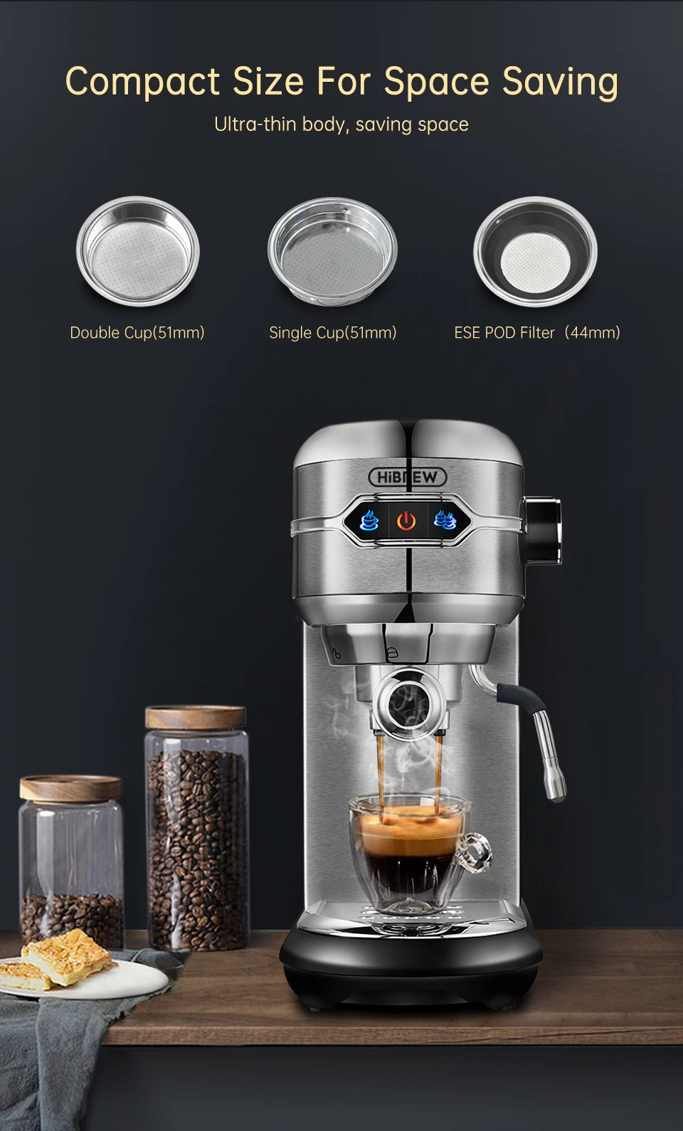 HiBREW H11 Cafetera Espresso 20 Bar | Inox | Semi Automática | ESE POD y Polvo | Cappuccino | Agua Caliente - Firu Total Sales