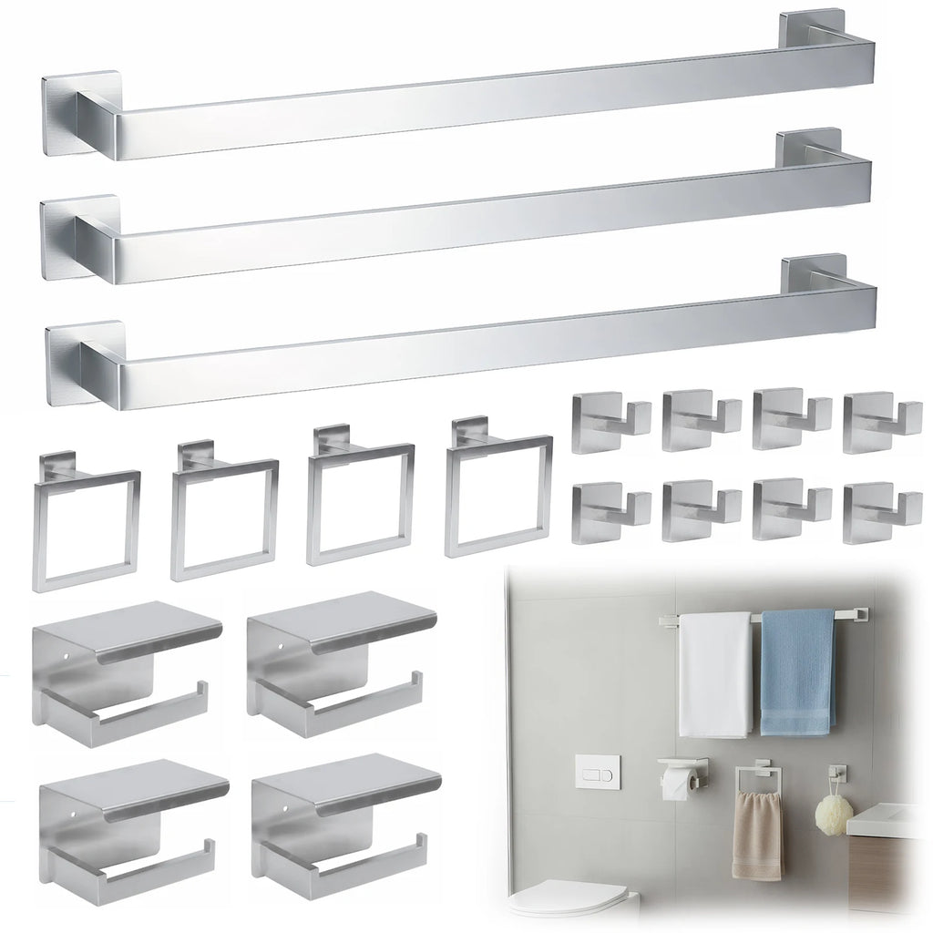 20-Pieces Stainless Steel Bathroom Hardware Set Wall Mounted Bath Towel Bar Set Towel Rack/Toilet Paper Holder/Towel Ring/Hook