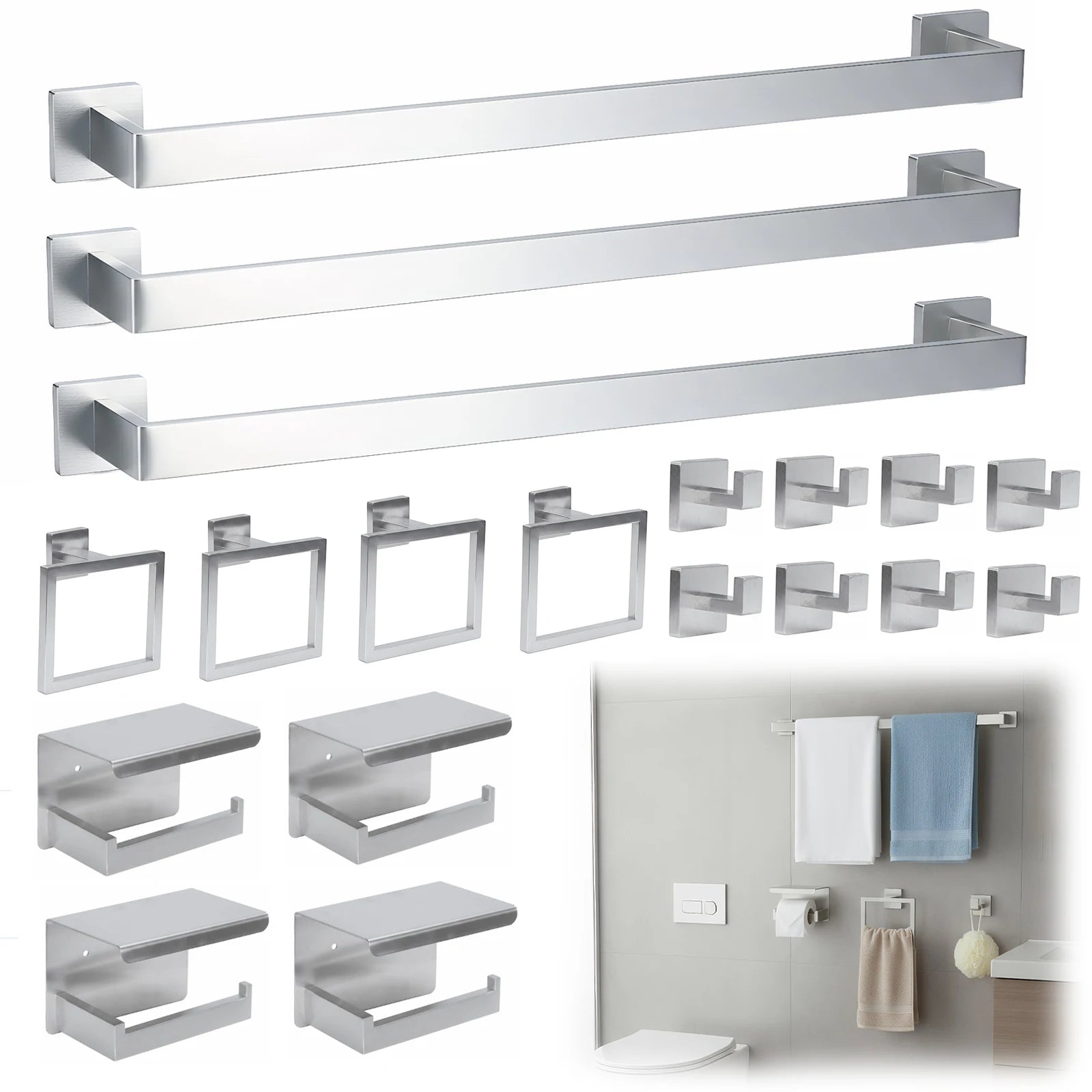 20-Pieces Stainless Steel Bathroom Hardware Set Wall Mounted Bath Towel Bar Set Towel Rack/Toilet Paper Holder/Towel Ring/Hook