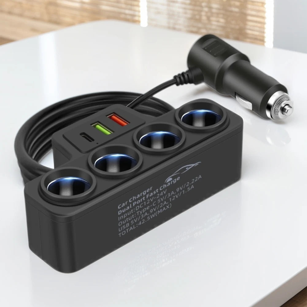 Phone Power Adapter QC3.0+PD 3.1A 120W Car Cigarette Lighter Socket Splitter Plug 4-Socket 3 USB Ports USB Phone Charger Adapter
