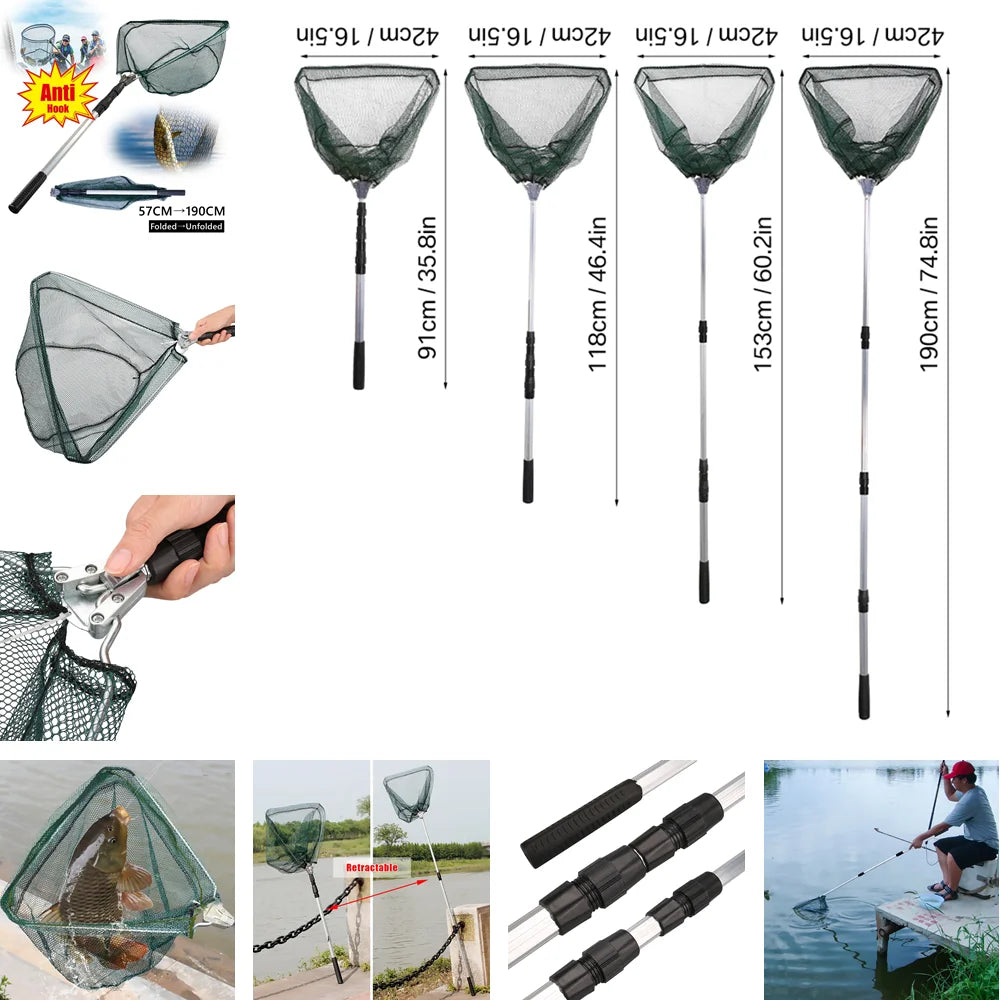 Collapsible Fishing Landing Net with Telescoping Pole Handle Extend to 190cm 100cm 80cm Fishing Net For Saltwater Freshwater