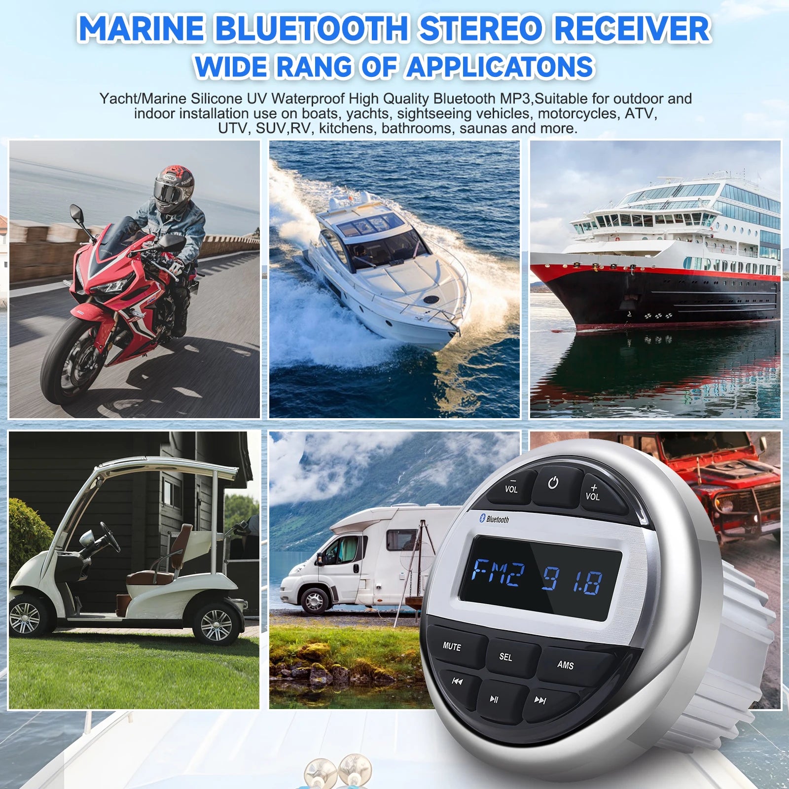 Boat Media MP3 Player With Bluetooth Waterproof Car Marine Stereo Audio Radio FM AM Receiver for UTV ATV SPA RZR