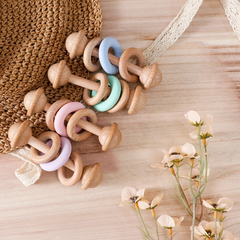 Wooden Rattle Silicone Ring — Sensory Baby Toy | 0-12 Months Gift