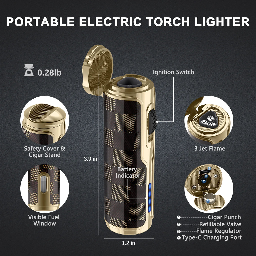 Cigar Lighter with Cigar Punch Holder,Windproof Electric Torch Lighter,Refillable Butane Lighters for Smoking with Gift Box