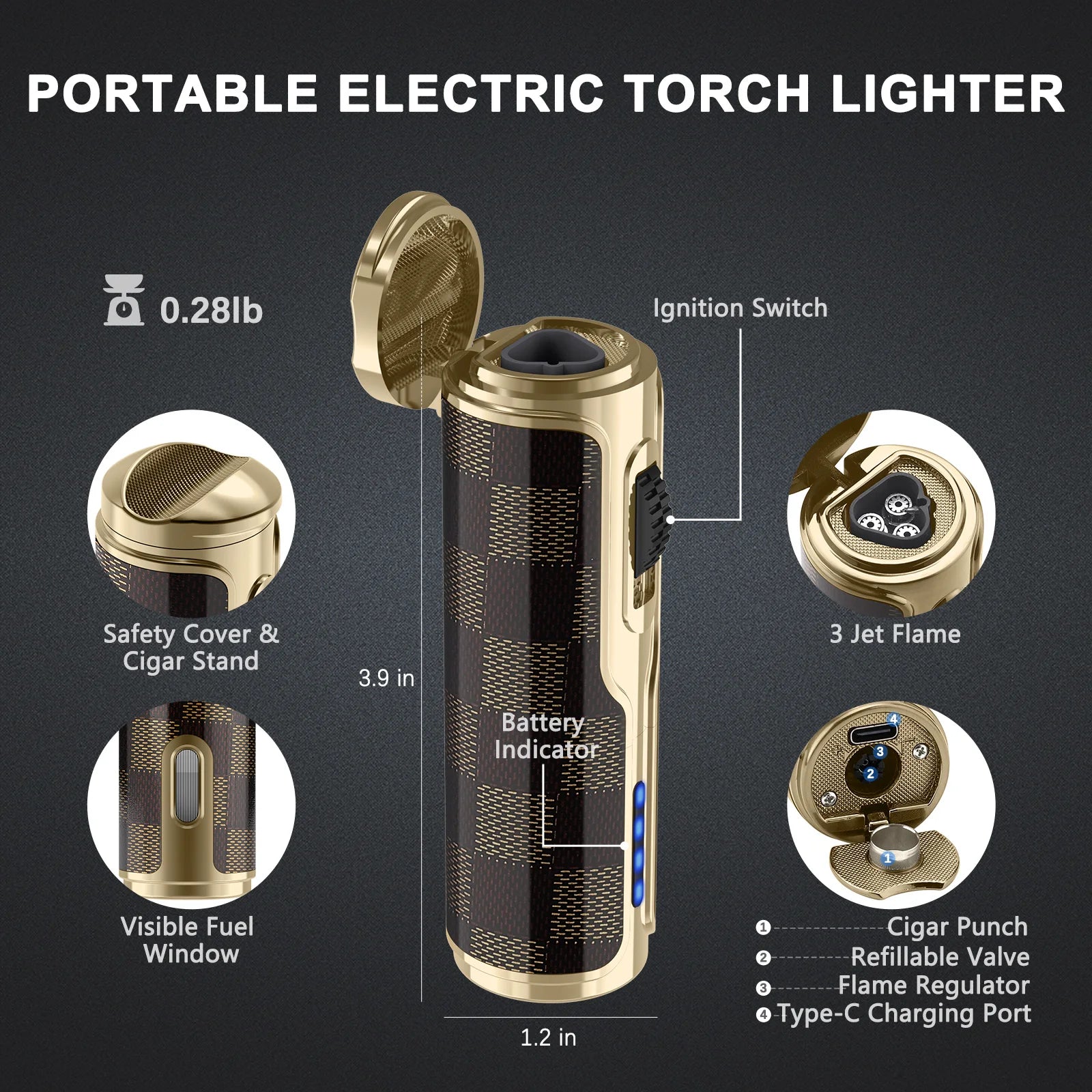 Cigar Lighter with Cigar Punch Holder,Windproof Electric Torch Lighter,Refillable Butane Lighters for Smoking with Gift Box