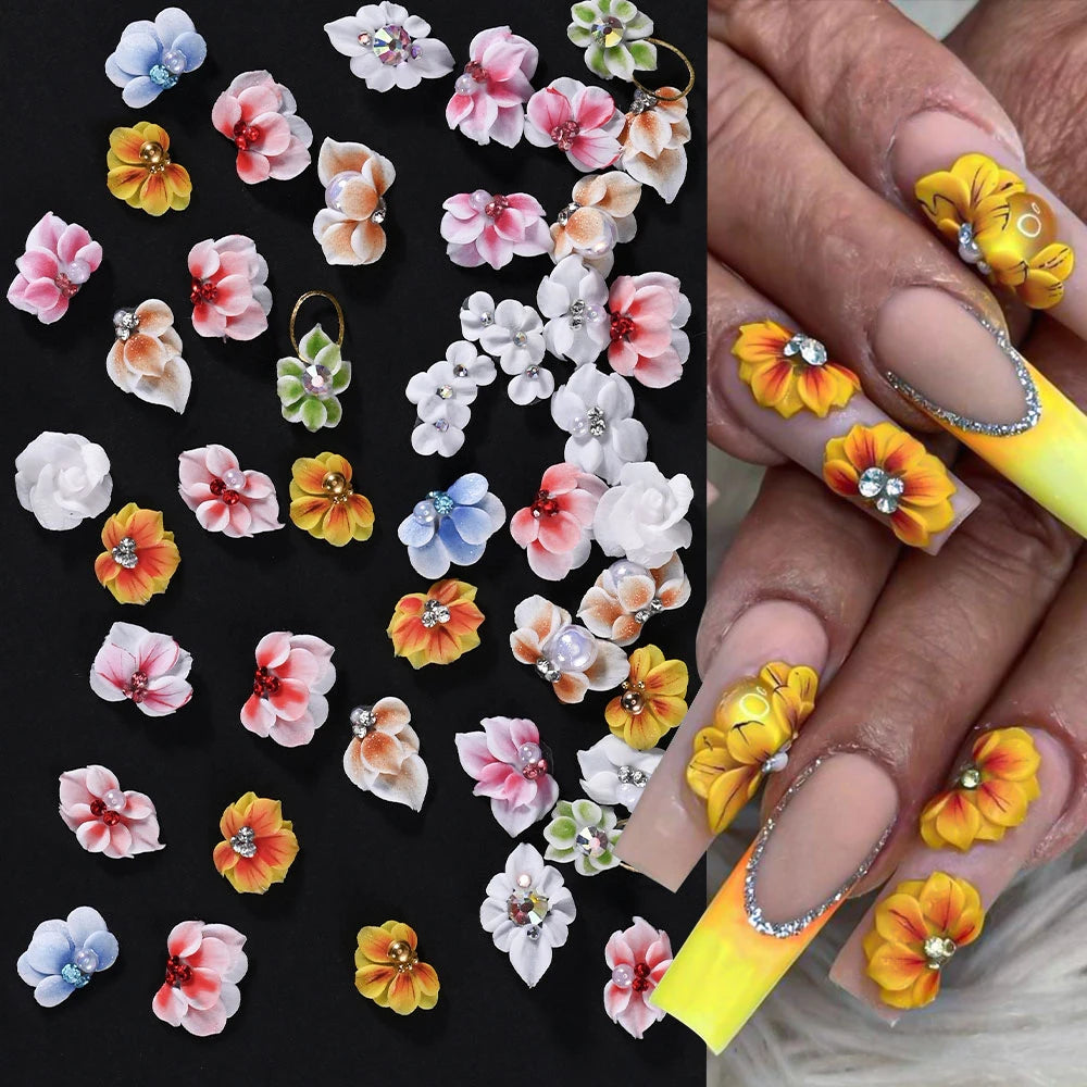 5/30Pcs 3D Handmade Nail Acrylic Flower Rhinestone Side Floret with Pearl Diamond Nail Art Decorations Carving Flower Nail Charm