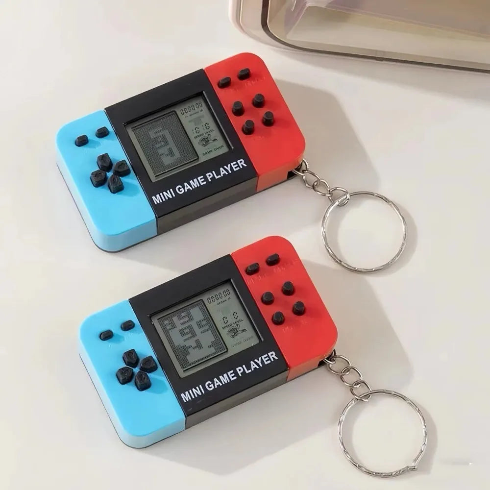 Blue Retro Mini Handheld Game Console Keychain With Bells, Cute Backpack Pendant Video Game Keyring