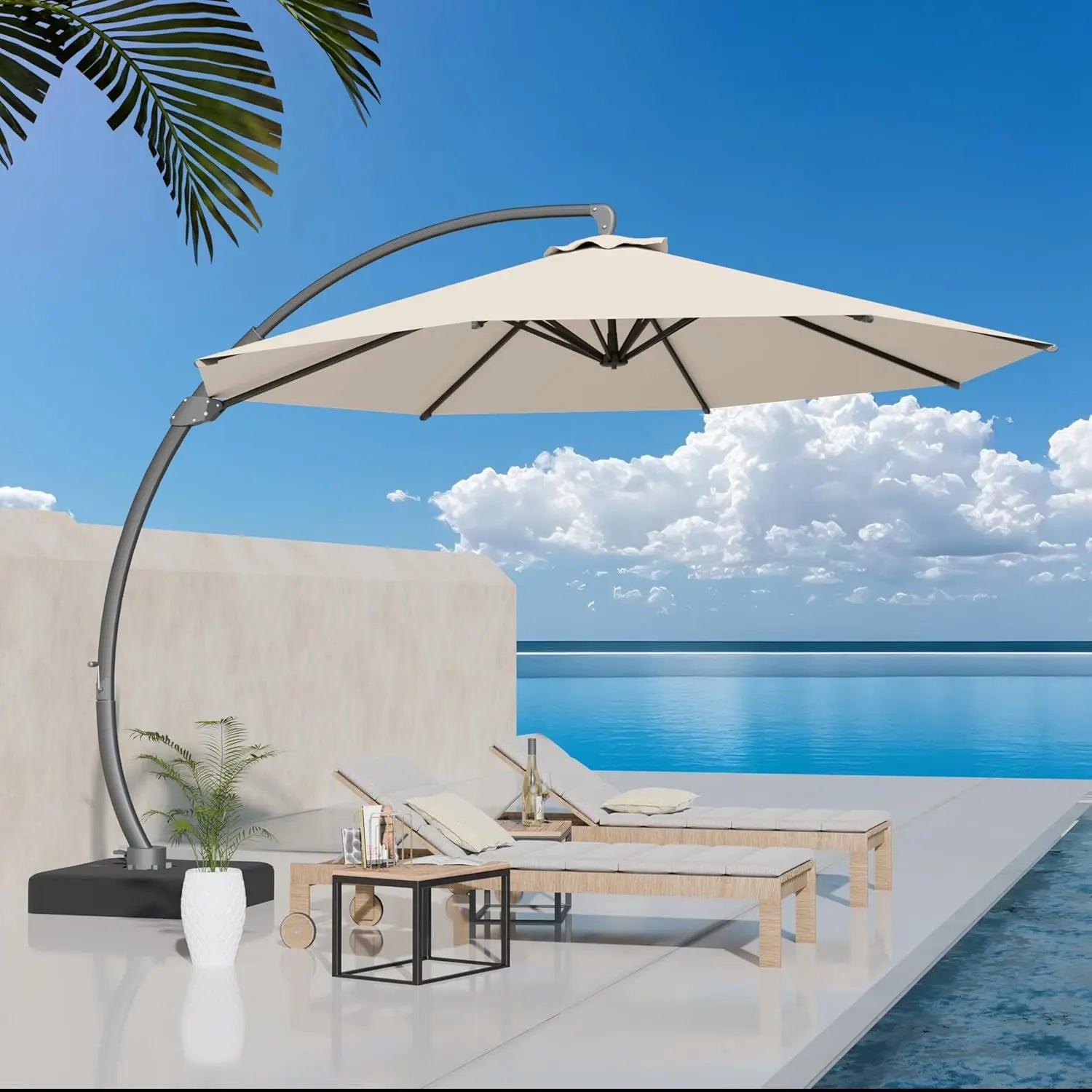 11ft round Aluminum Patio Umbrella with Base - Offset Cantilever Design 360° Rotating Customizable Large Outdoor Shade Umbrella