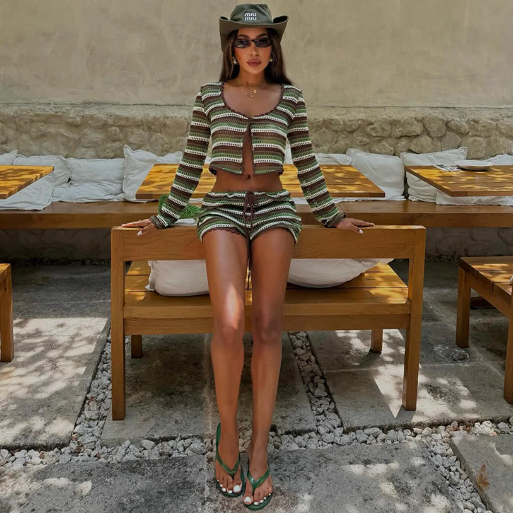 2026 Women Beach 2 Piece Sets Bikini Cover-Ups Swimsuit Tops And Low Waist Shorts Sexy Ladies Swimming Cover Up Bathing Suit