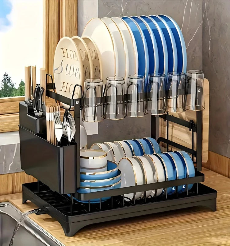 Kitchen countertop 2-tier dish drying rack, kitchen countertop dish drainer with drip tray, metal kitchen dish rack with drip tr