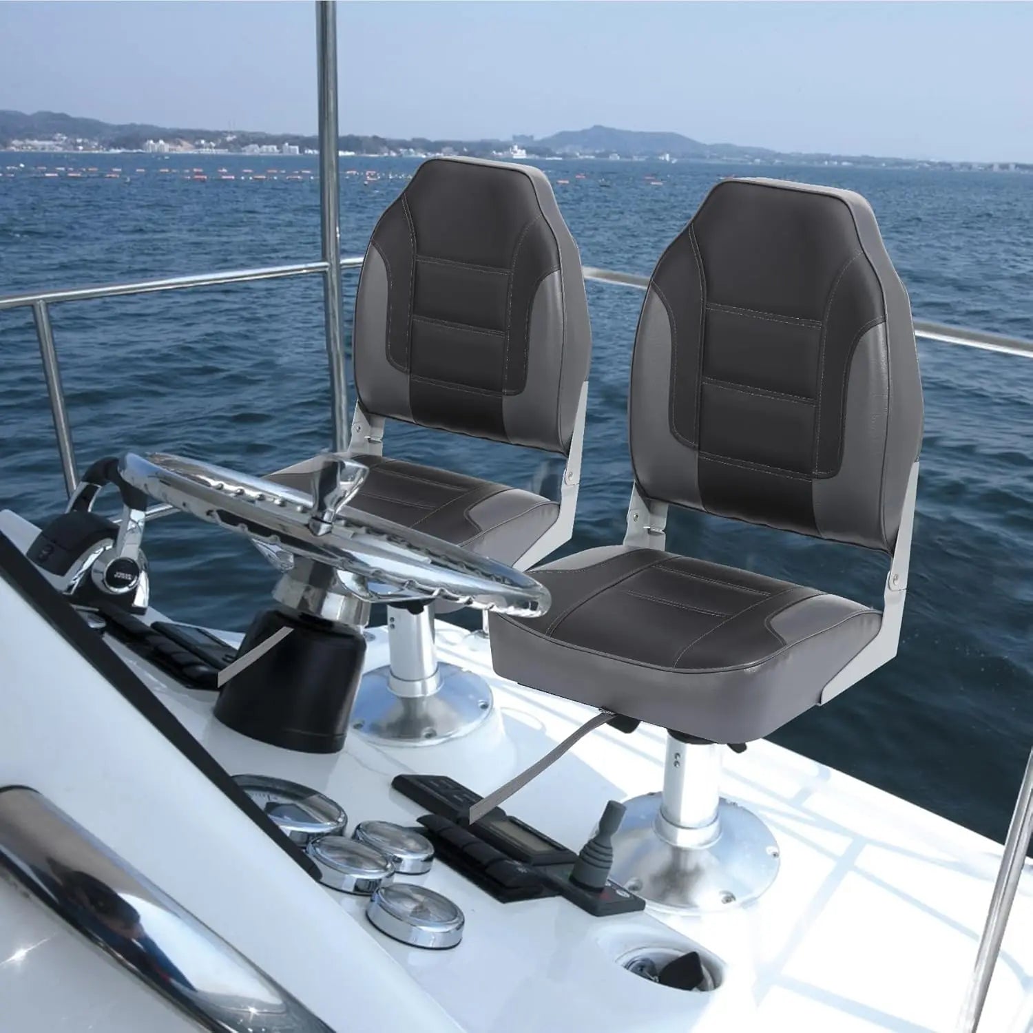 2 Pack Folding Boat Seats, High Back Fishing Boat Seat, Comfortable Boat Chairs with Thick Sponge Padding and Hinge, Dark grey