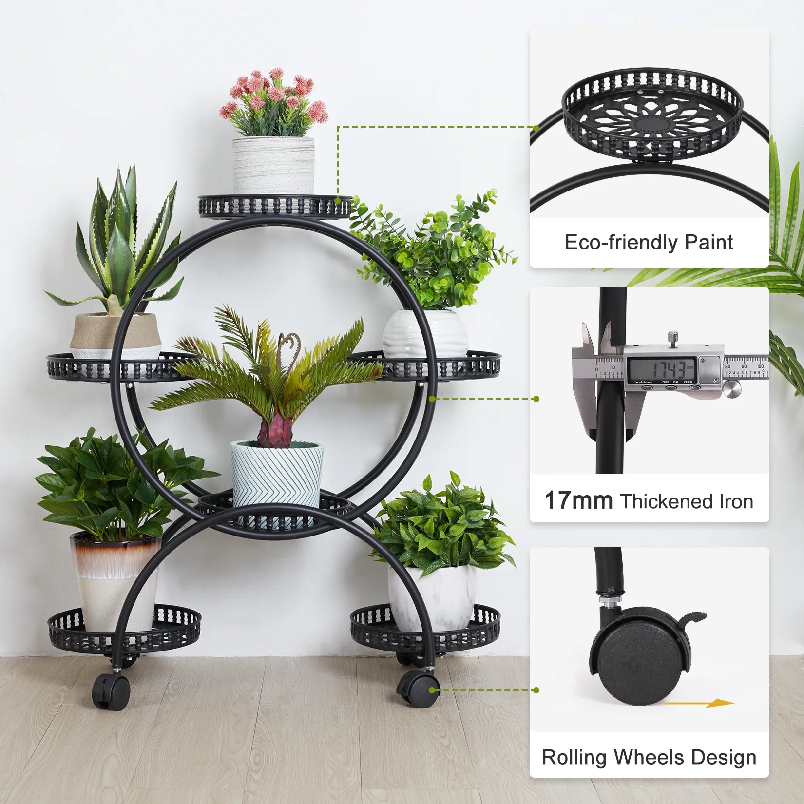 4 Layer 6 Pots Flower Holder Plant Stand Shelf 4-Wheel Free Moving Dispaly Shelf Rack Balcony