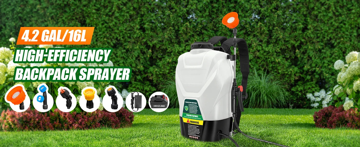 4 Gallon Backpack Sprayer 16L Battery Powered Garden Sprayer 75 PSI Electric Sprayer 2.5Ah Battery&Charger included