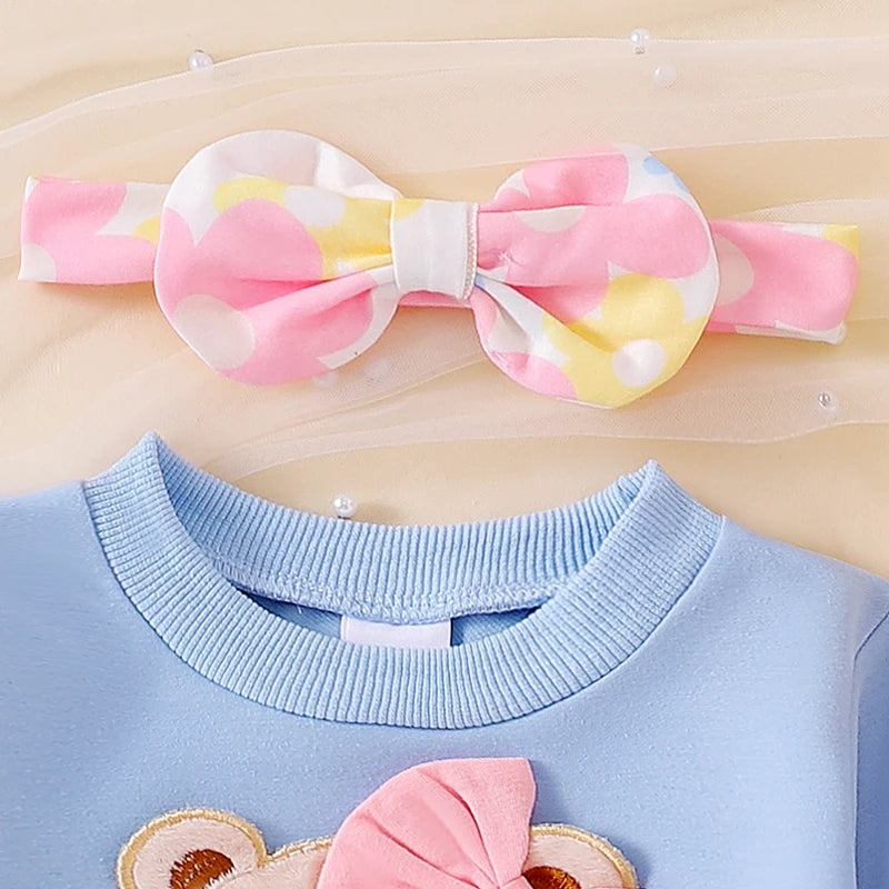 Cute Toddler Girl Autumn Ensemble Bear Embroidered Sweatshirt Floral Flare Pants Headband - 3 Piece Set for Fall - Firu Total Sales