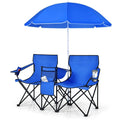 Double Portable Picnic Chairs, Folding Camping Chairs w Detachable Umbrella, Cooler Bag, Cup Holders, Patio Beach Camping Chair