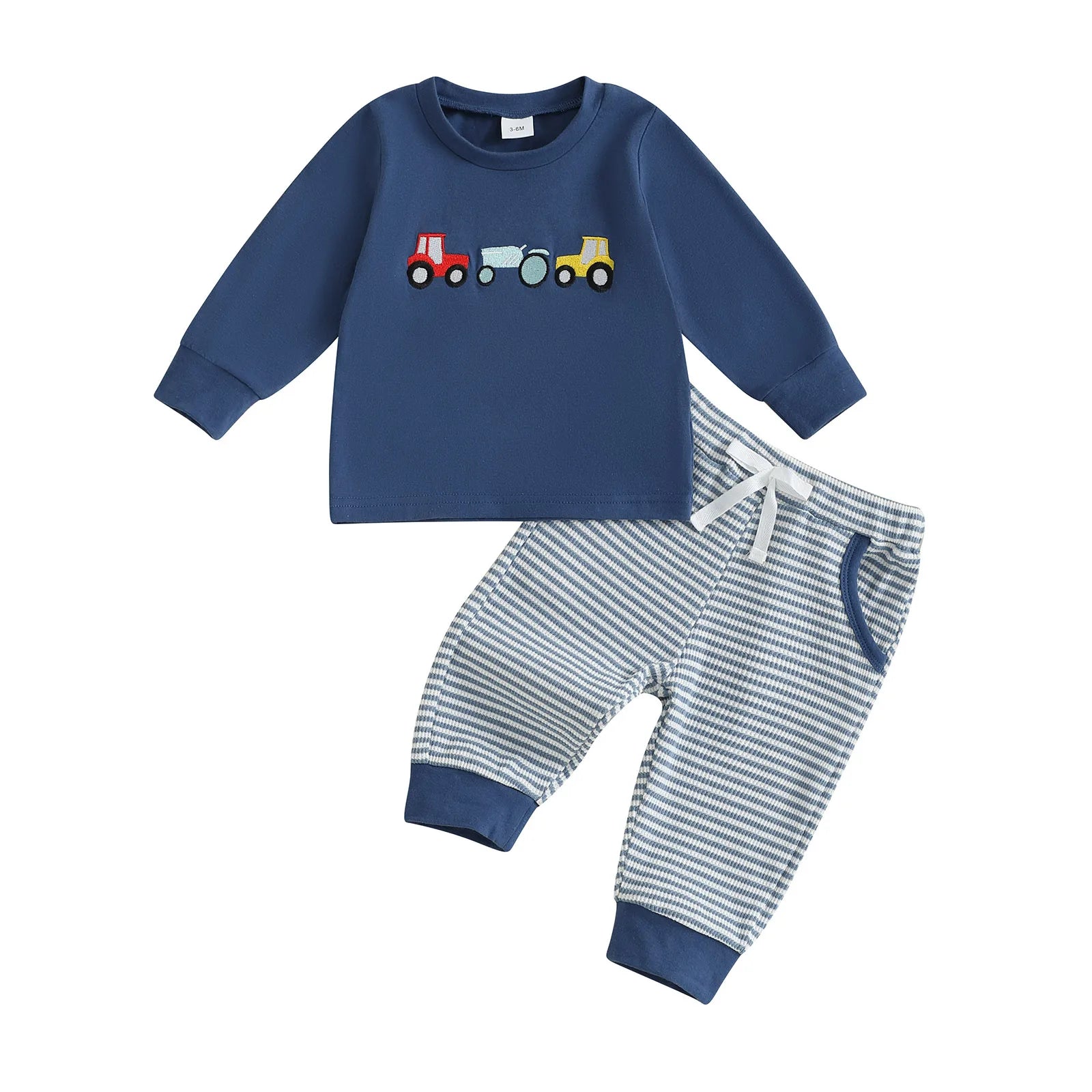 Boys Autumn Clothing Set with Car Embroidered Sweatshirt and Striped Pants - 2 Piece Outfit for Toddlers