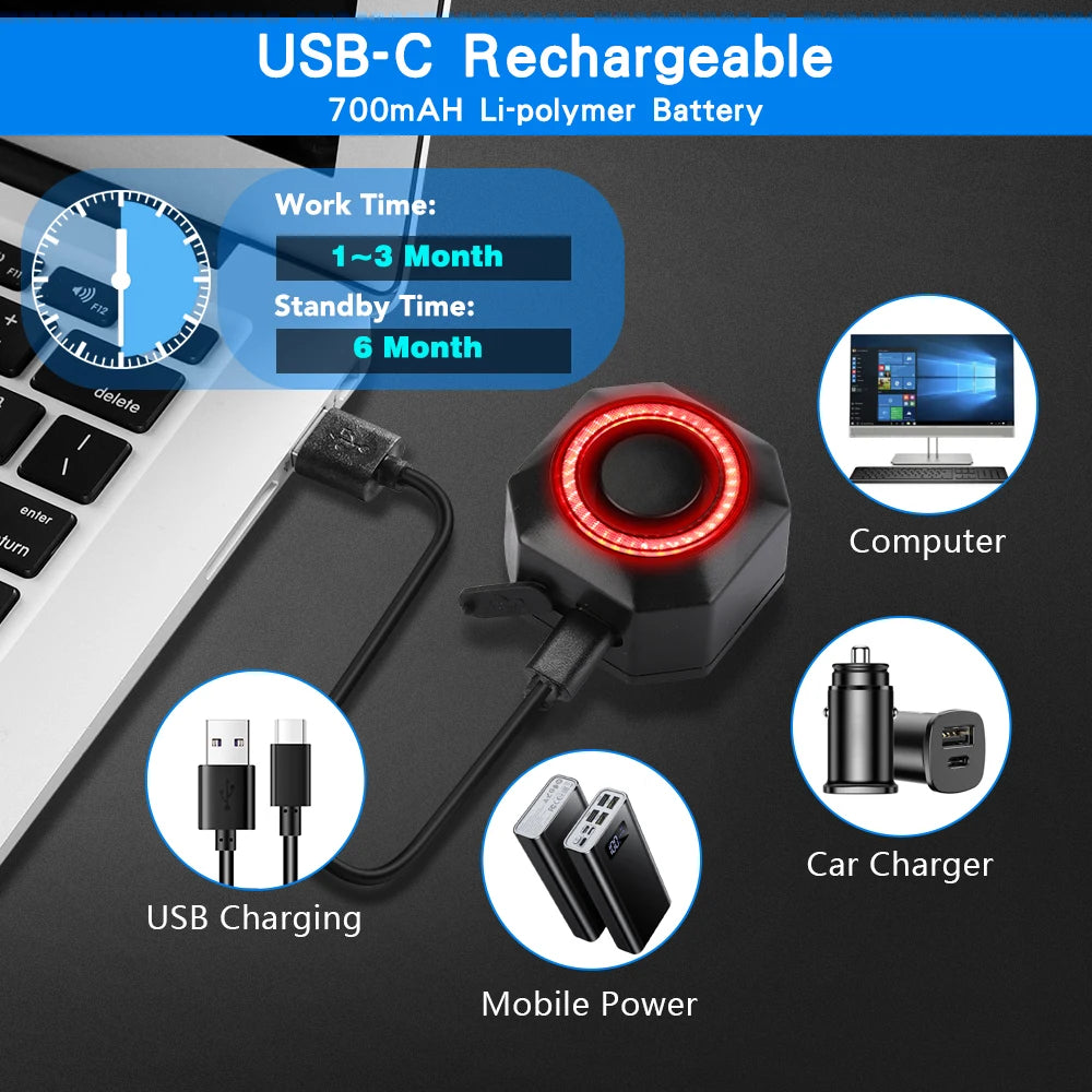 Smart Bike Light Alarm Brake-Sensing Taillight Remote Control Motorcycle Alarm Security Protection 110dB