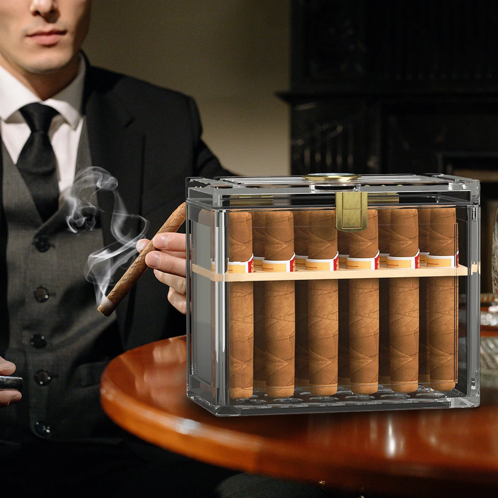 Acrylic Cigar Humidor With Hygrometer Humidifier Cedar Wood Tray Portable Humidor Box Cigar Case Fit 18-50 Smoking Accessories