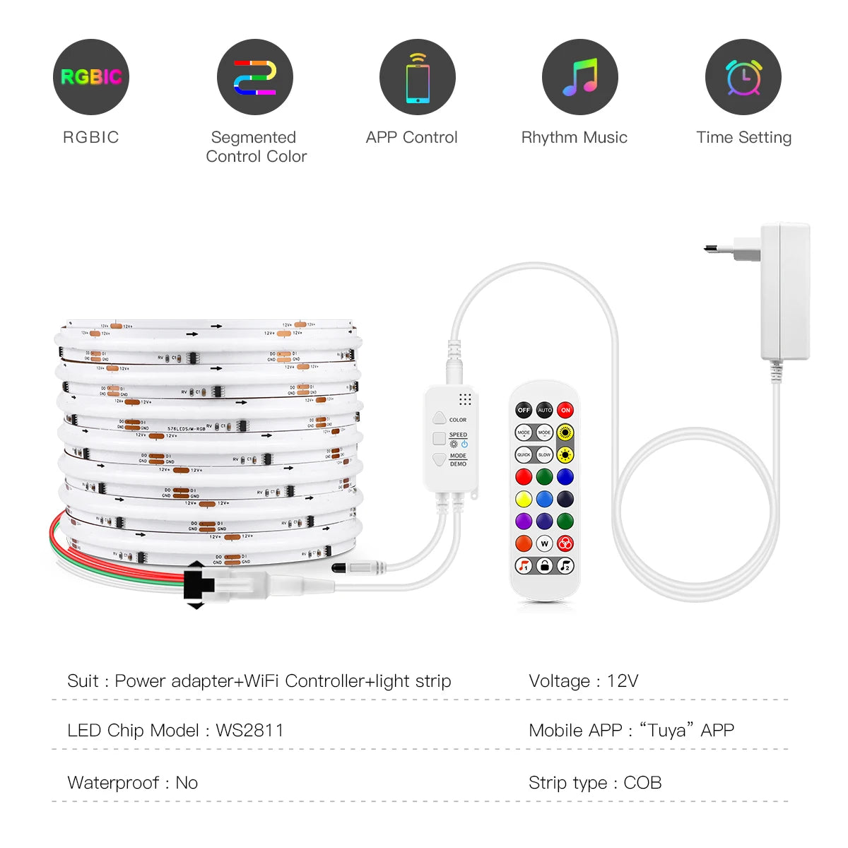 Tira LED RGBIC COB CHNAITEKE Tuya WiFi | 576LEDs/m | WS2811 | Alexa y Google | 12V | Dormitorio - Firu Total Sales