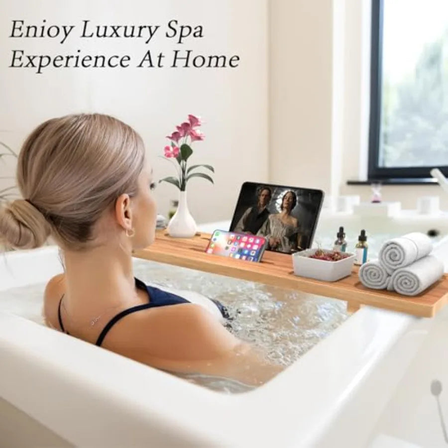 Bathtub Tray for Freestanding Bath Solid Pine Wood Bath Tray for Tub Bath Caddy for Home Spa Adjustable Bathtub Trays for Tub w