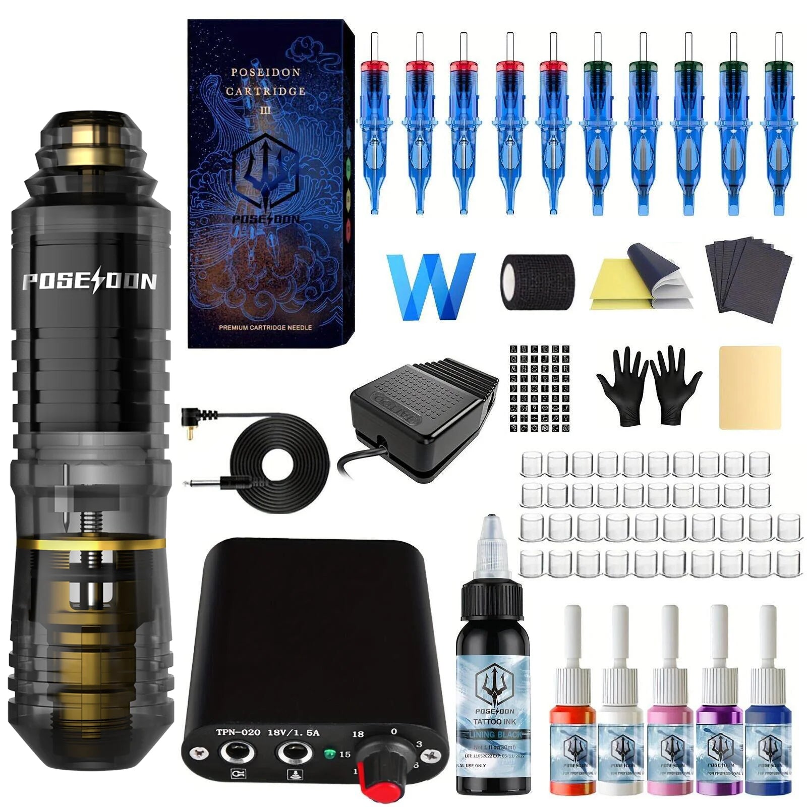 Tattoo Kit POSEIDON New Memory Tattoo Pen Kit For Permanent Makeup Tattoo Machine Wireless Tattoo Power Supply Tattoo Gun Kit
