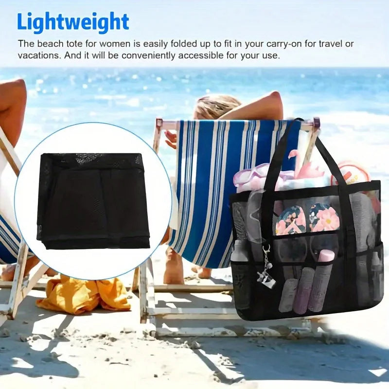 Mesh beach bag, one shoulder mesh shower, fitness, swimming bag, large capacity handheld travel cosmetics storage bag