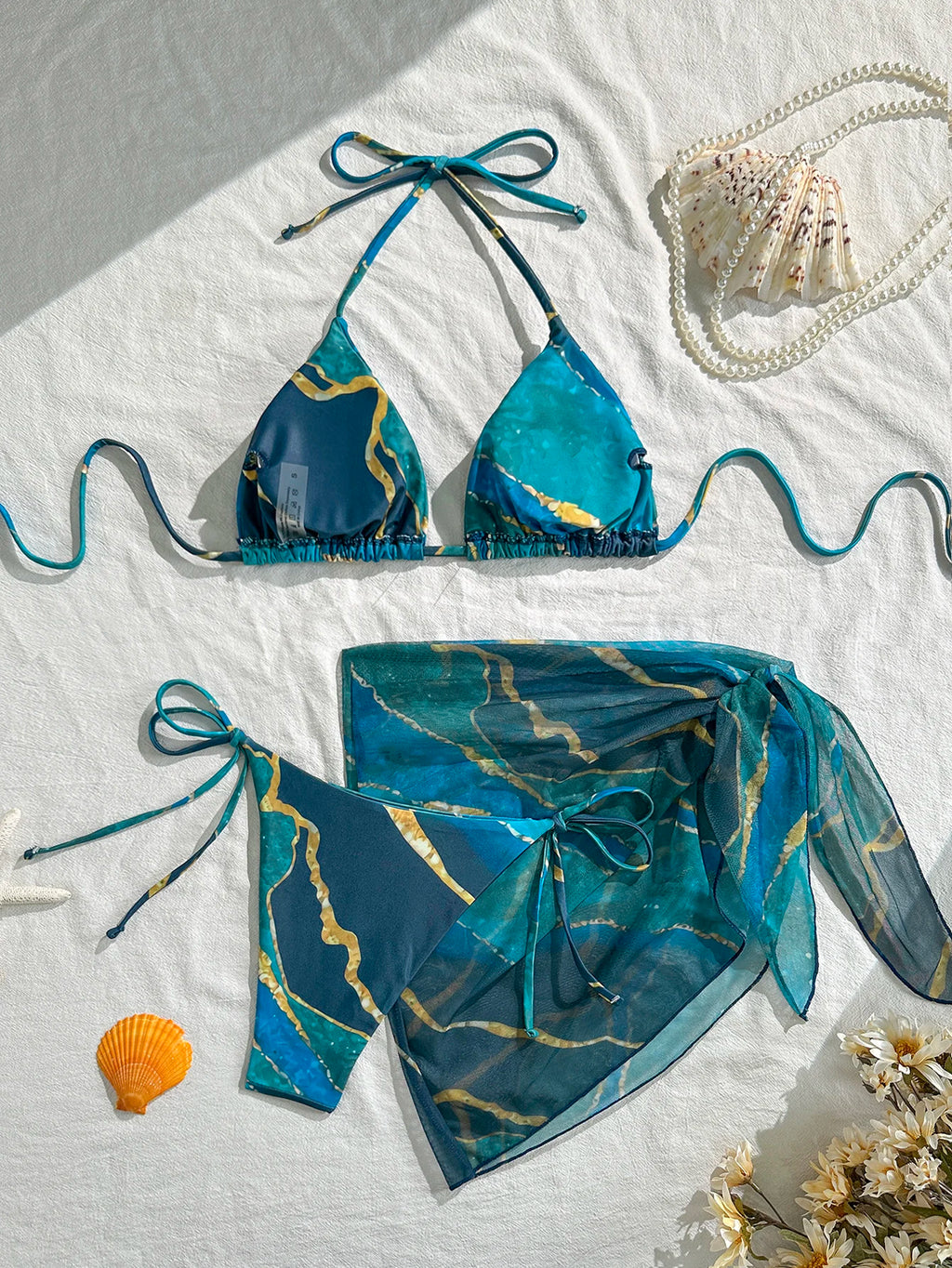 Women's Three-Piece Swimsuit Set, Blue Marble Print Sexy Bikini with Tie-Up Triangle Top, Tie-Up Triangle Bottoms, Mesh Skirt, Wrap Skirt, Beach Swimwear