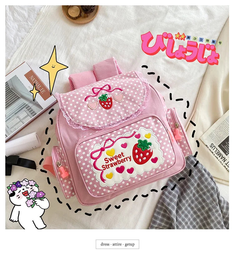 Pink Girl Embroidery Strawberry Children's Schoolbag Student Birthday Gift 2026 New Japanese Cartoon Pink Backpack Book Bags