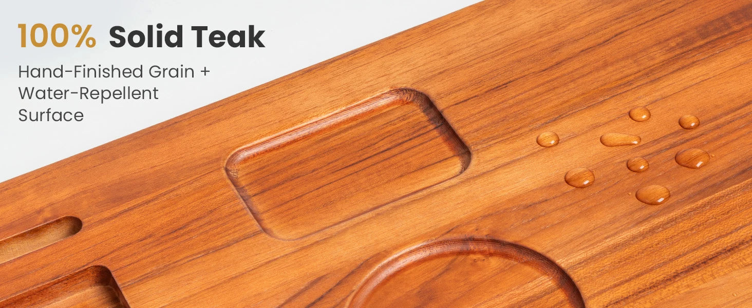 Teak Bathtub Tray Caddy - 29" Wide Adjustable Bathtub Table for Freestanding Tubs, Non-Slip Design with Phone/Wine Holder, Brown