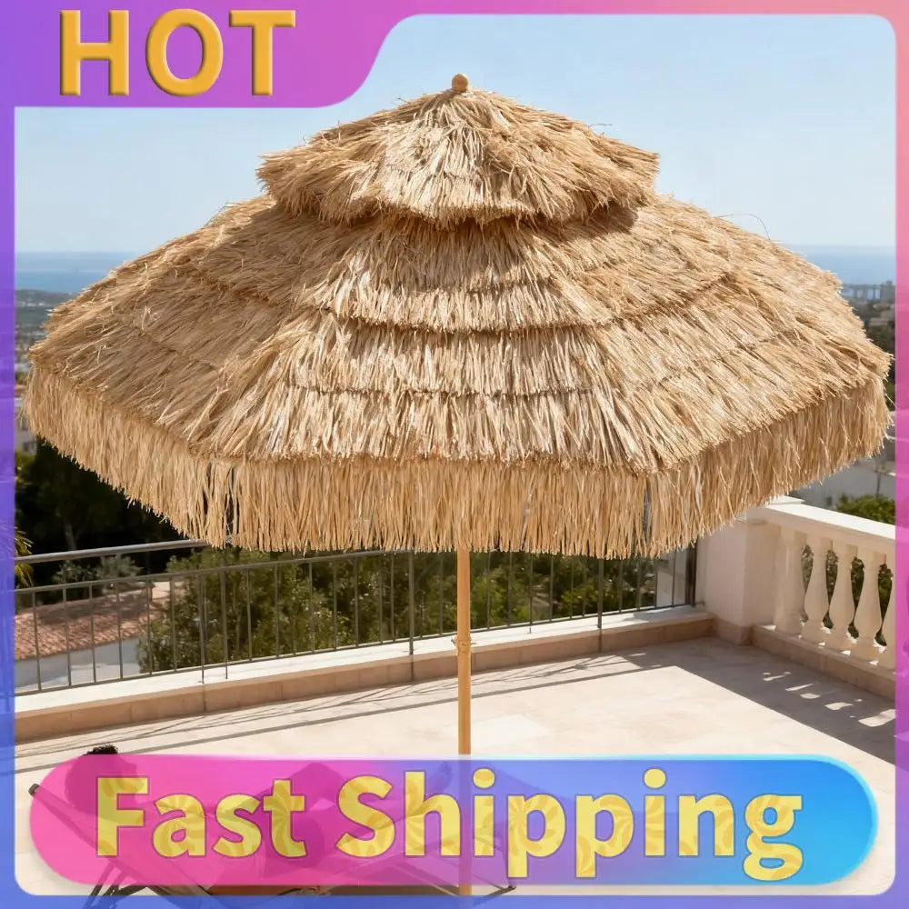 9ft Hawaiian Style Tiki Parasol with 8 Ribs Outdoor Thatched Tiki Umbrella UPF 50+ UV Protection for Market Terrace Restaurant