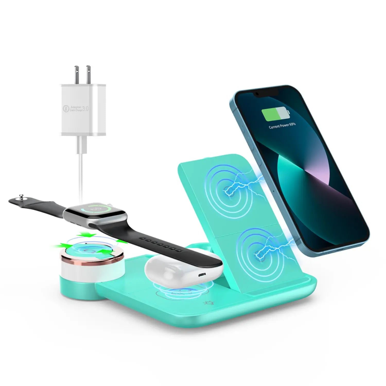 Foldable 3-in-1 Wireless Charging Station, 15W Fast Wireless Charger Stand, Night Light Wireless Charging for iPhone 15, 14, 13,