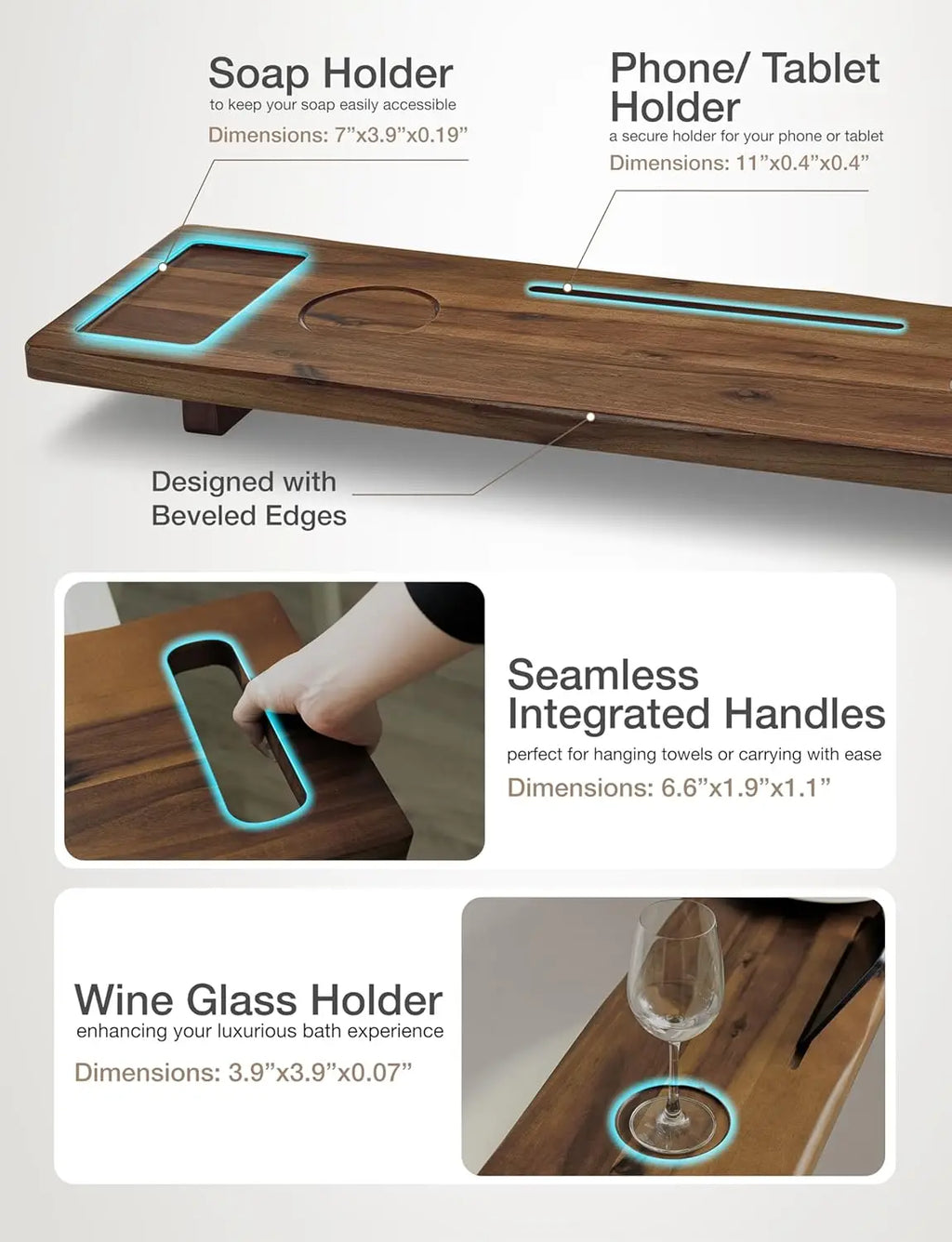Acacia Bathtub Tray Caddy with Adjustable Legs - Bath Tub Tray for Freestanding Tubs - 39x9.75 Inch Large Wooden Anti-Ti