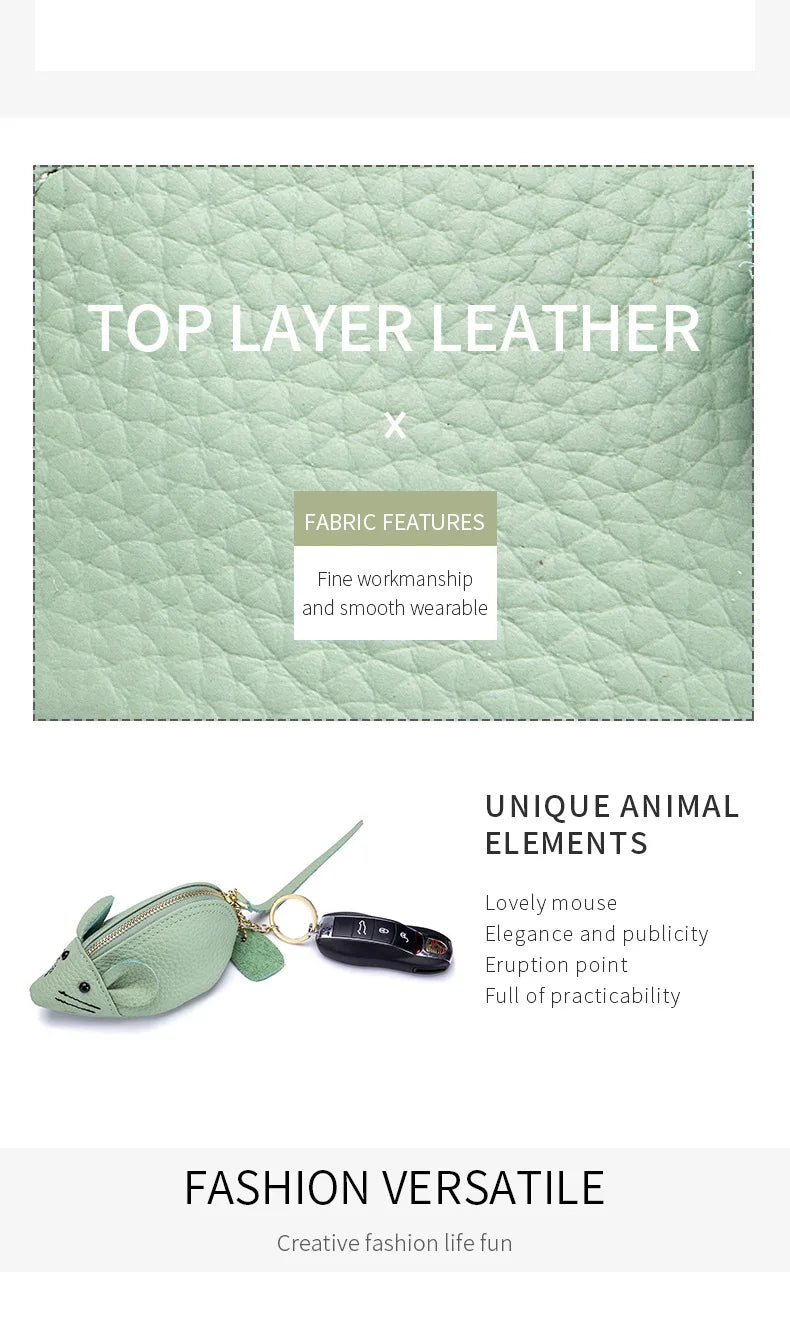 A8077 Cute Animal Design Lady Lipstick Bag Fashion Key Case Wallet Full Grain Cow Leather Vivid Lovely Mini Mouse Shape Purse