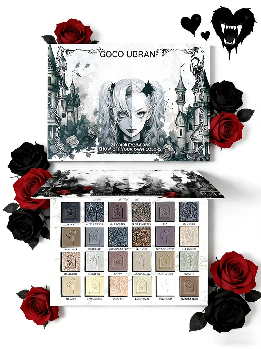24-Color Dark Elf Eyeshadow Palette, Gothic Vampire Style Makeup Set, High-Pigment Shimmer/Glitter Eye Makeup, Christmas Gift