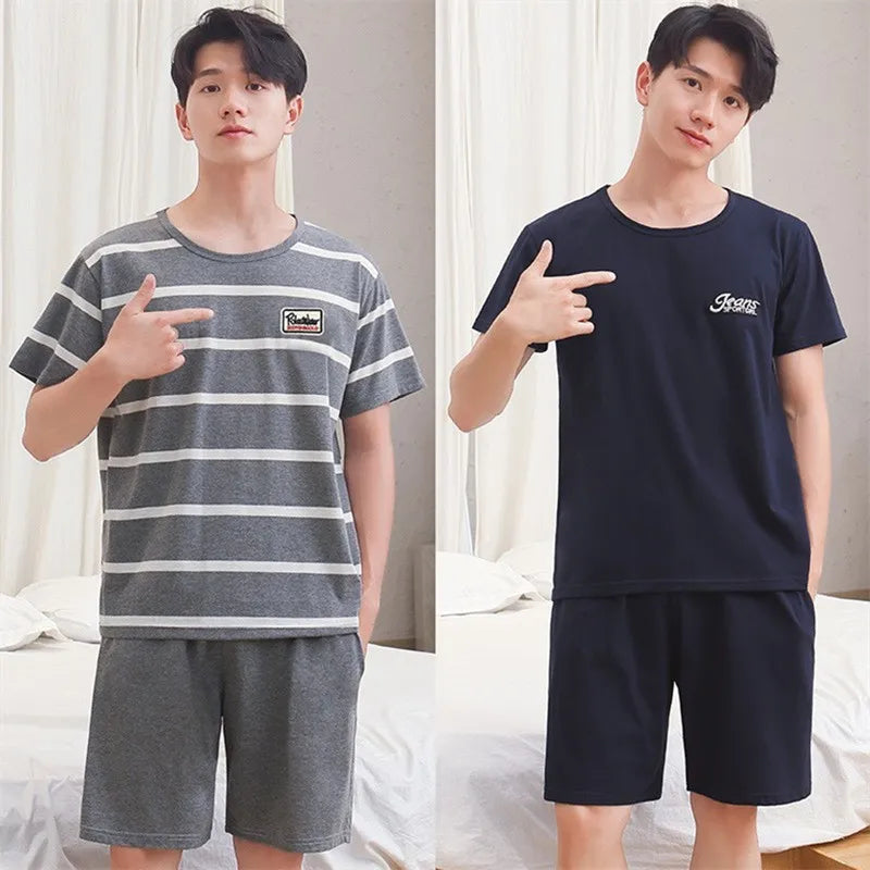 Cotton Men's Pajama Top and Pants Loungewear Athletic Casual Loose Nightwear Set Striped Sleepwear Homewear Two Piece Big Size