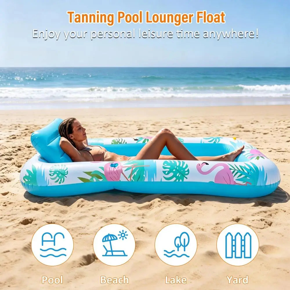 Tanning Pool Lounger Float with Sprinkler, Pool Float Adult with Pillow amp Cup Holder, Sunbathing Blow Up Tanning Bed, Suntan T