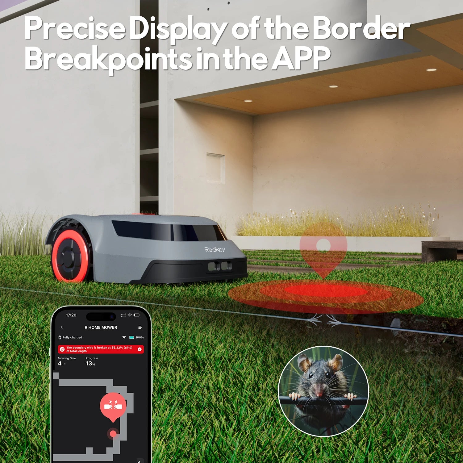 C-TOF Robot Lawn Mower Redkey MGC1000 Lawn Mower Robot Cable Break Detection Climbing Capacity 45% App Control Mowing Robot