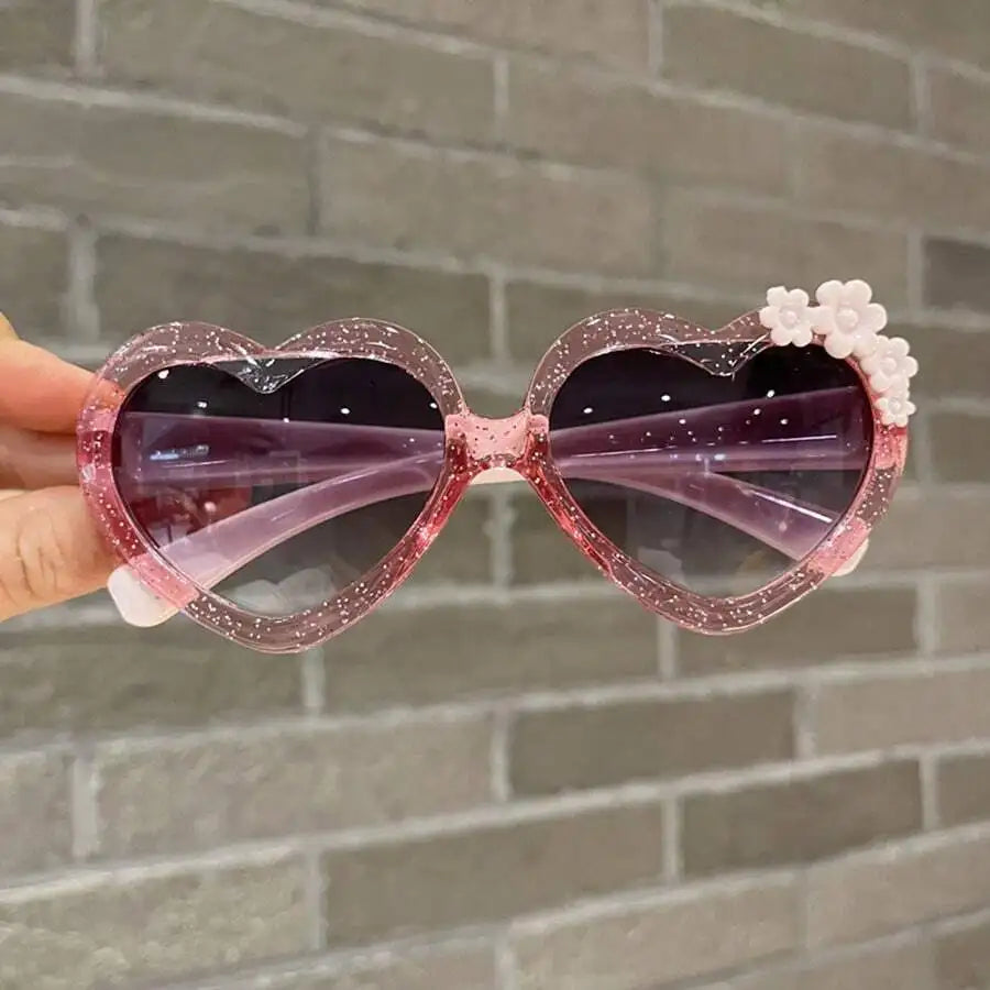 Heart-Shaped Glitter Sunglasses with Floral Embellishment for Girls