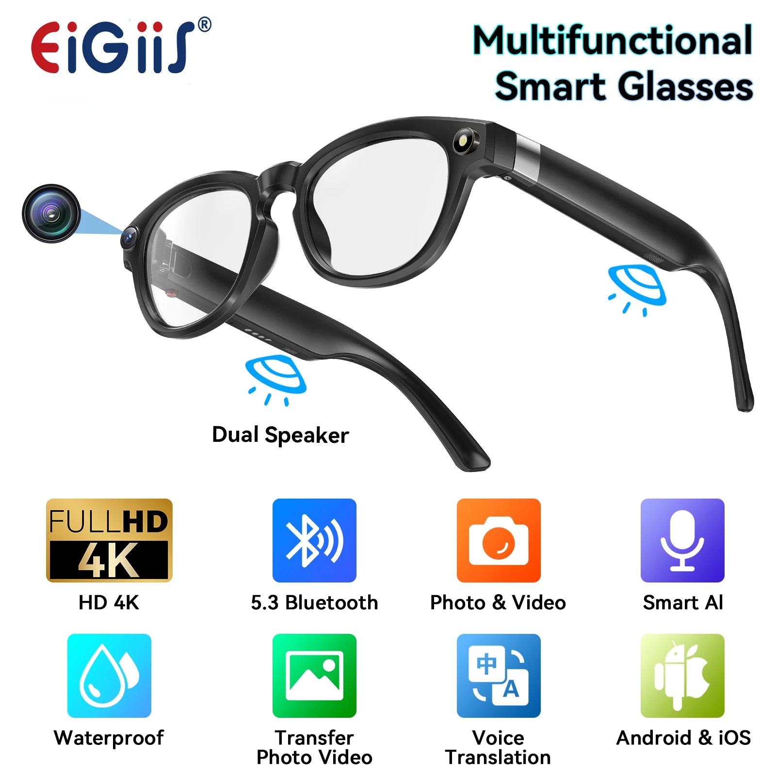 Gafas Inteligentes EIGIIS Q8 IA | Bluetooth | Cámara 4K | Traductor de Voz IA | Reducción Ruido | Impermeables - Firu Total Sales
