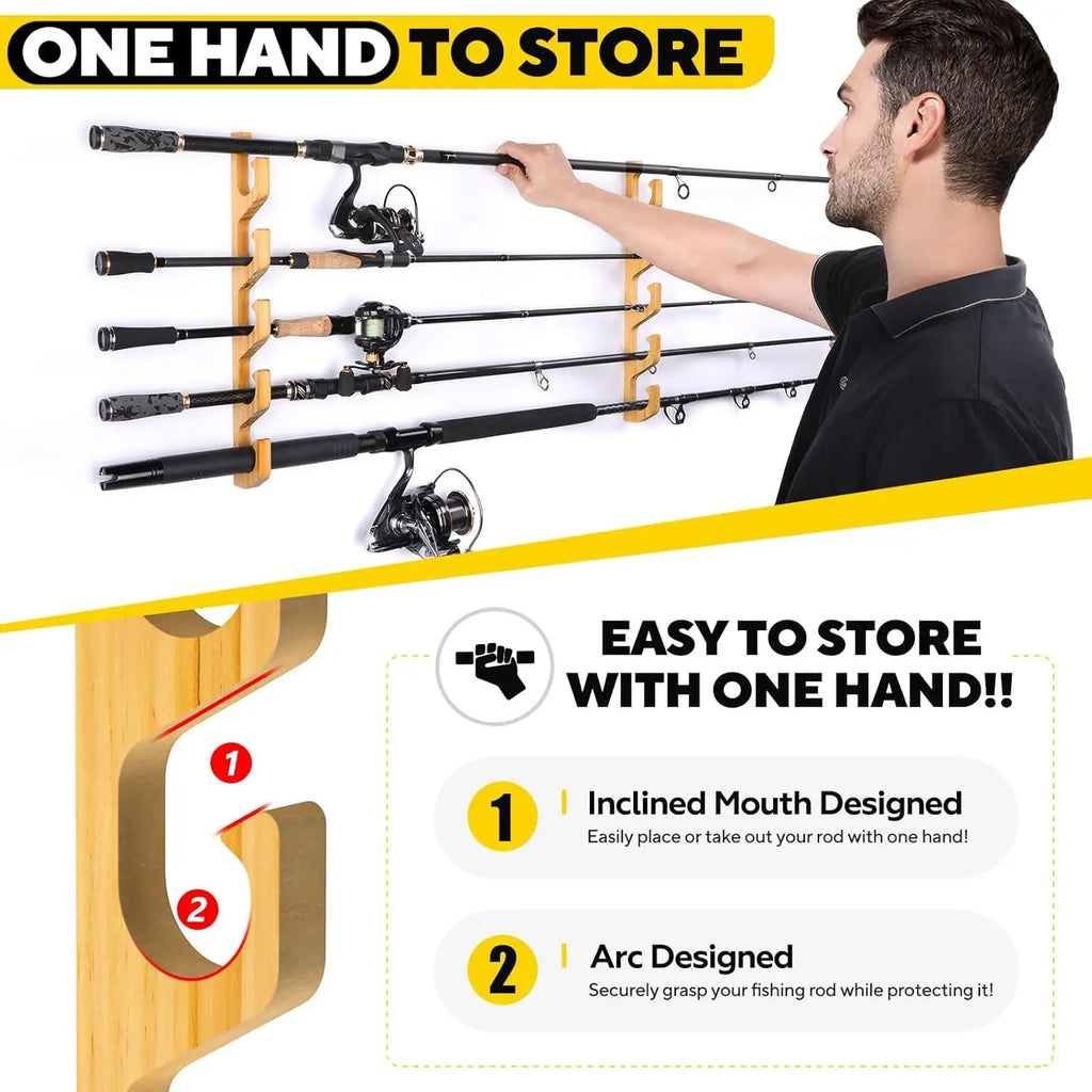 Horizontal Fishing Rod Holder for Garage, Wall or Ceiling Mounted Rack, Solid Wood Holds up to 20 Rods or Combos
